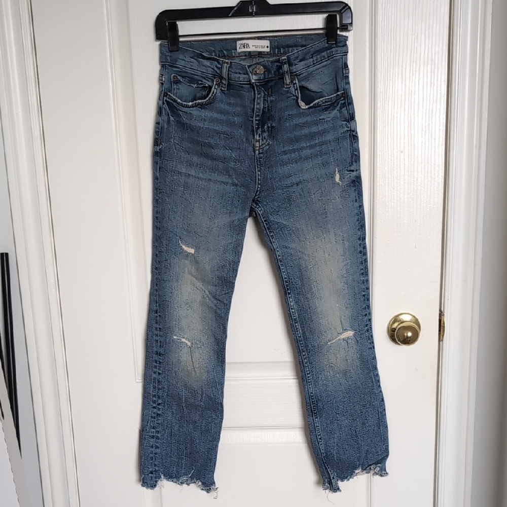 Zara Women's Straight Leg Distressed Blue Jeans